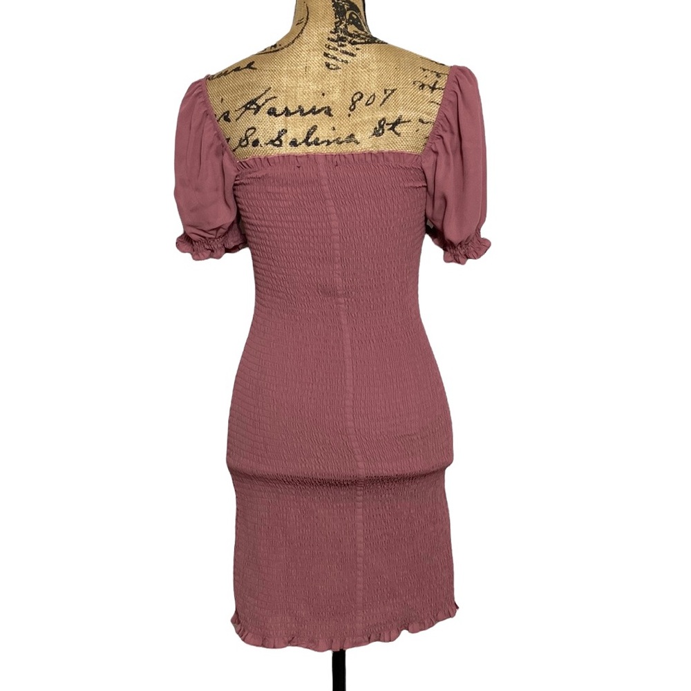 NWT Mauve Puff Sleeves Elastic Bodice Fitted Mini Dress S - Picture 4 of 10